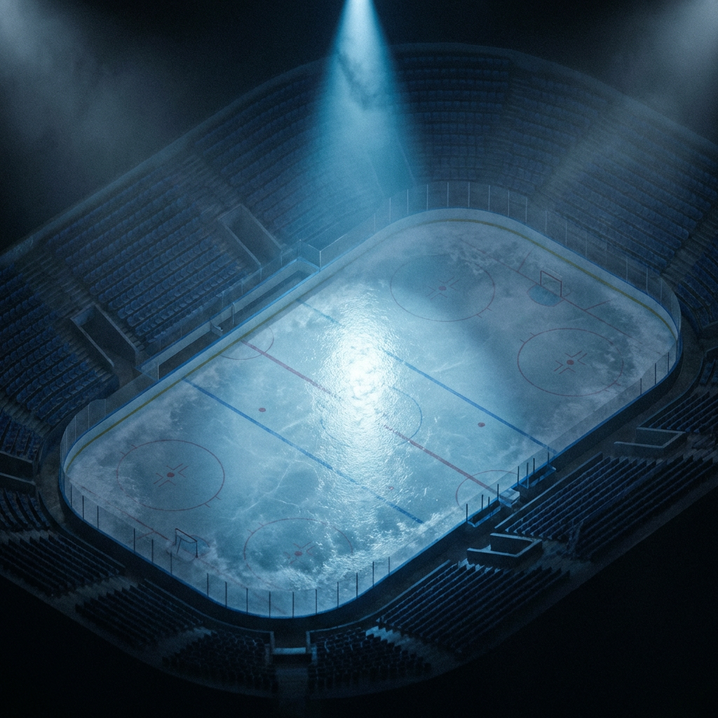 Aerial view of an empty ice hockey rink illuminated by a single bright spotlight.