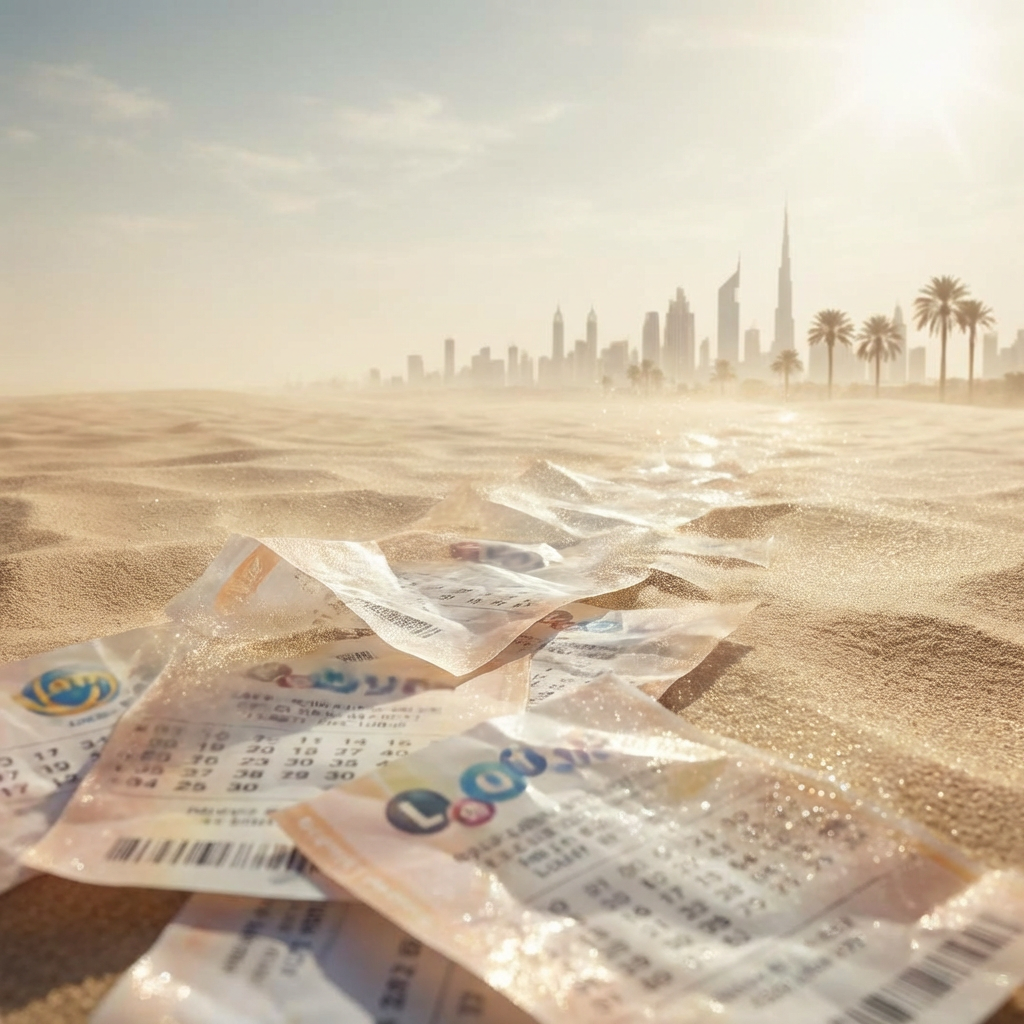 A line of lottery tickets scattered on sand dunes leading to a hazy city skyline.