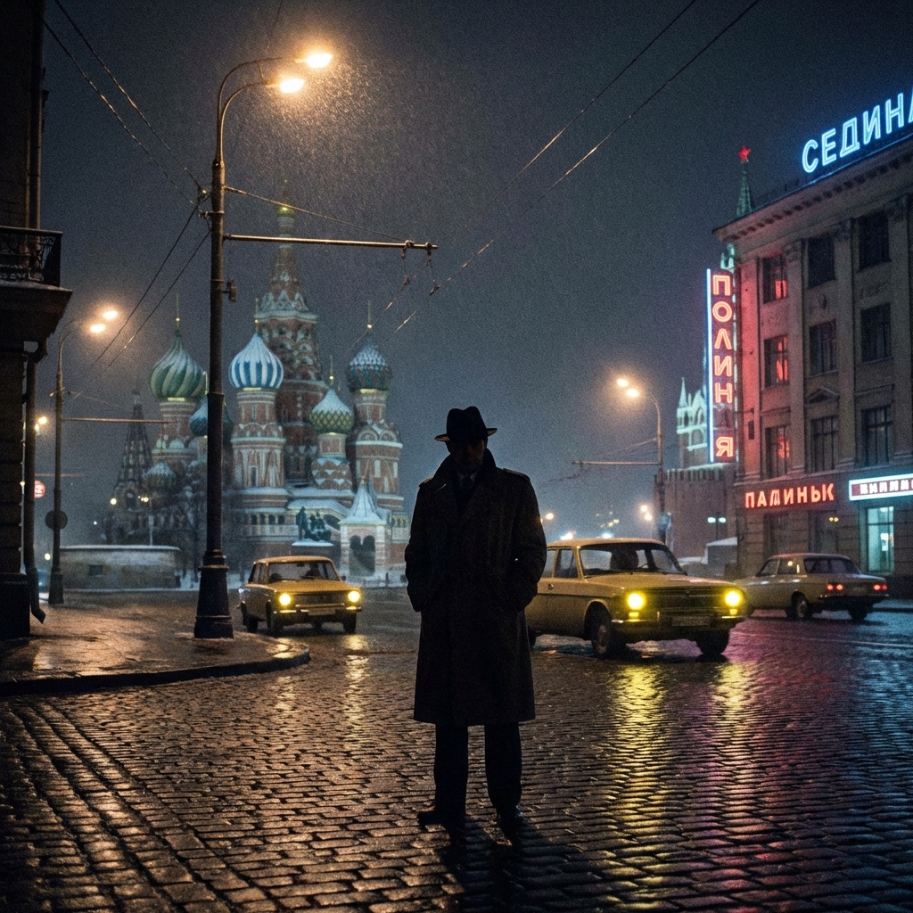 Man in fedora on rainy Moscow street with neon signs СЕДИНА, ПОЛИНА, and ПАДИНЬК.