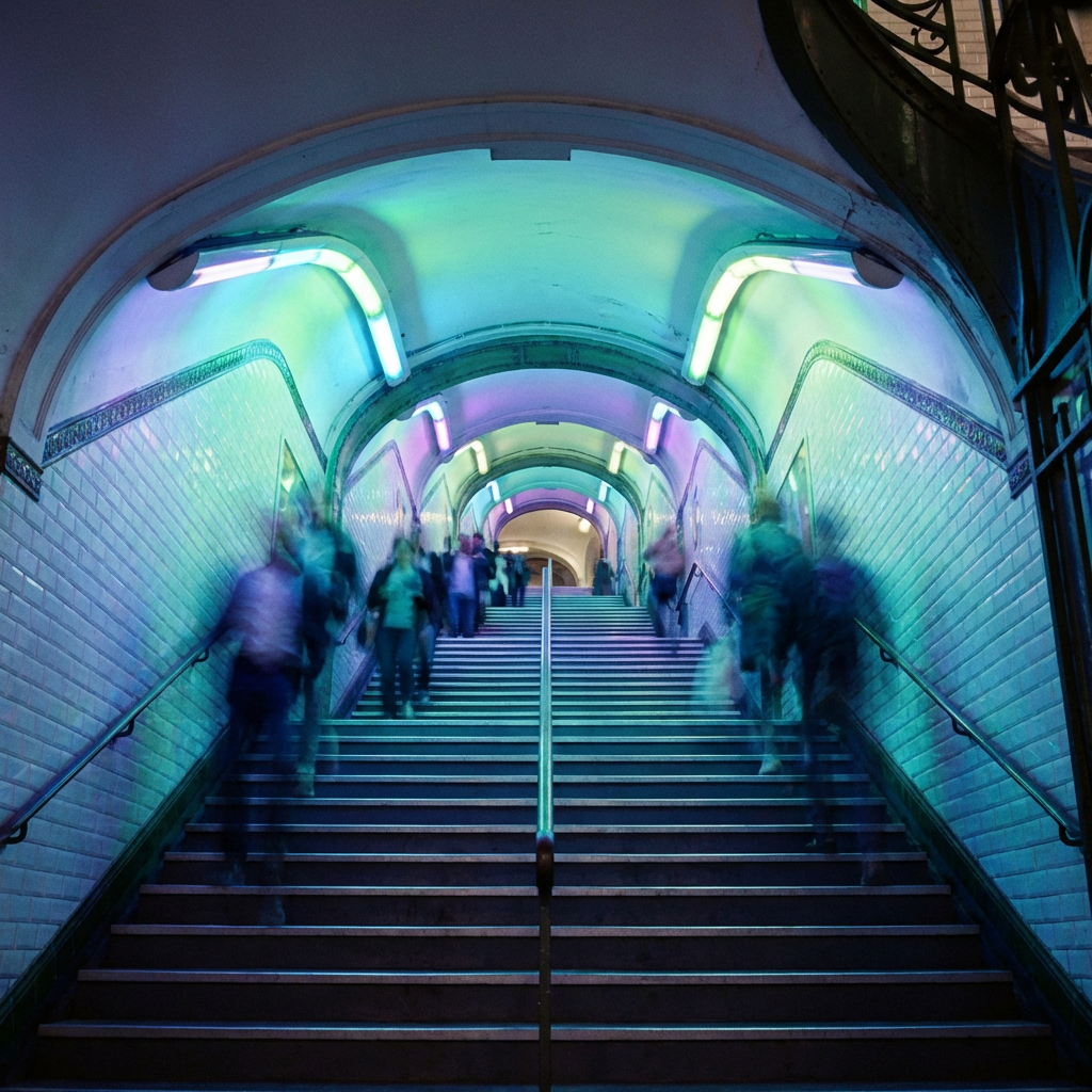 Blurred figures walk up subway stairs illuminated by vibrant green and purple neon lights.