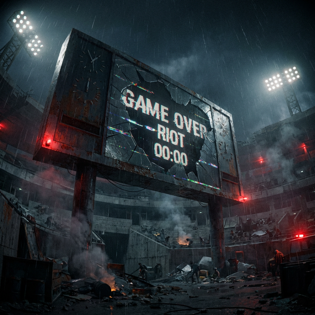 A cracked electronic scoreboard in a dark stadium reads GAME OVER RIOT 00:00.