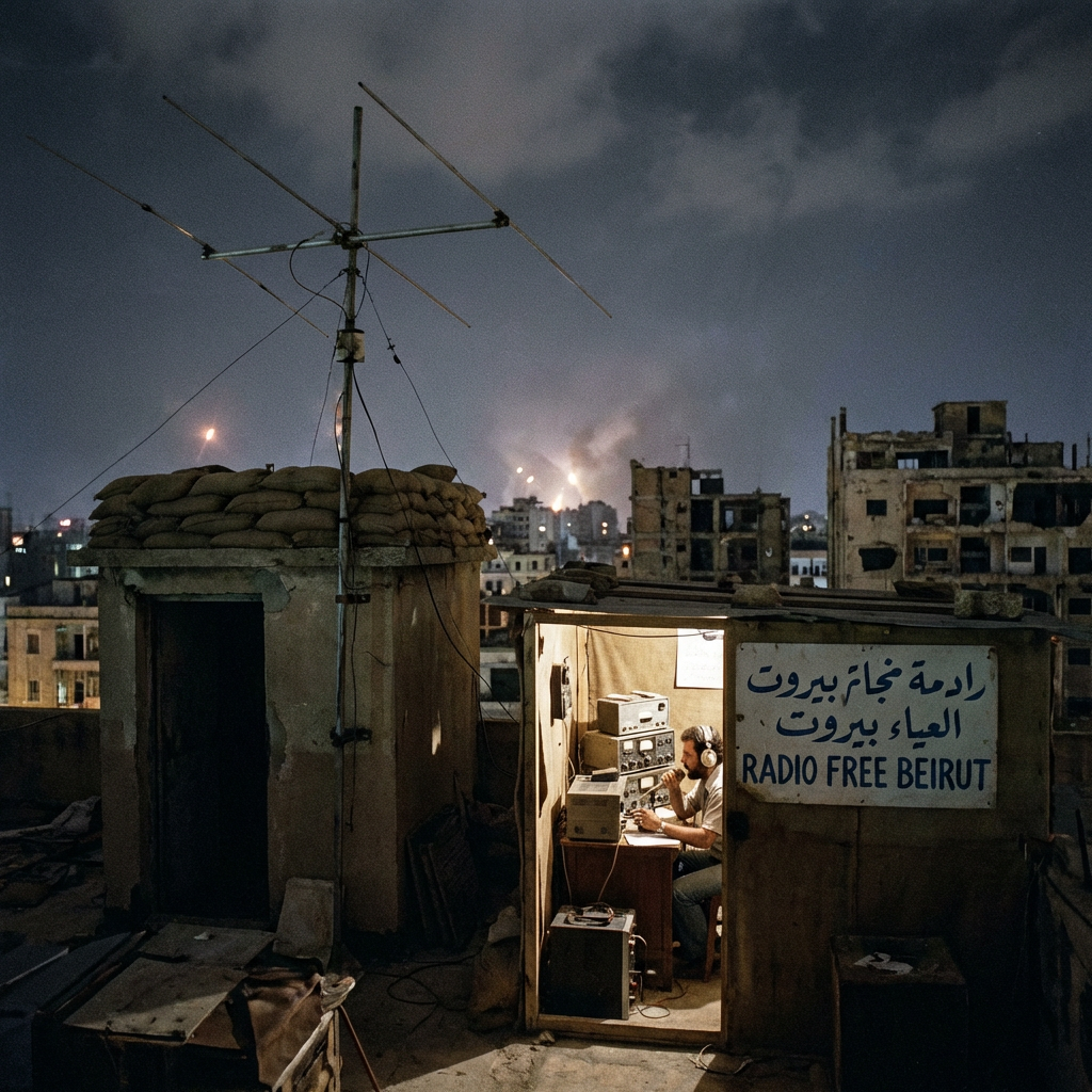 Radio Free Beirut broadcaster at a rooftop station with city explosions in the background.