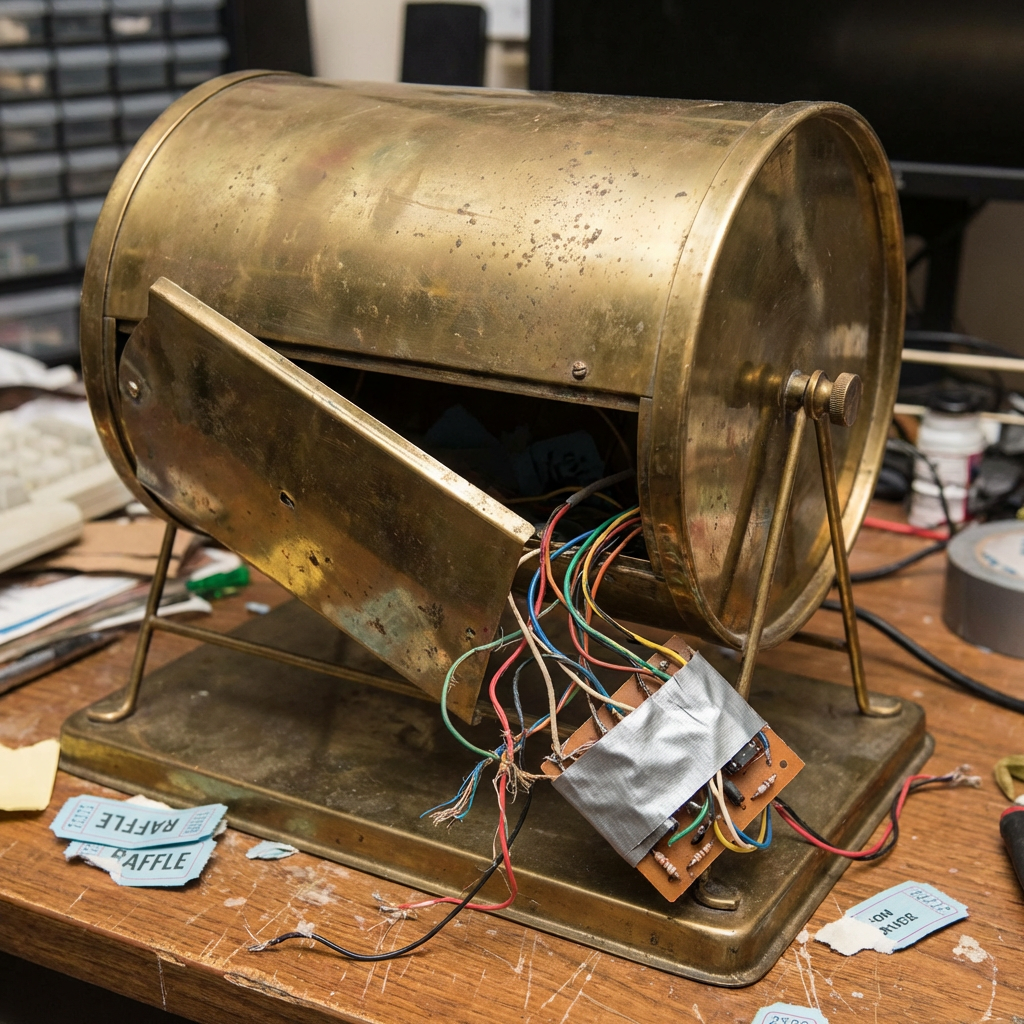 Aged brass raffle drum with an open door and exposed wires connected to a circuit board.