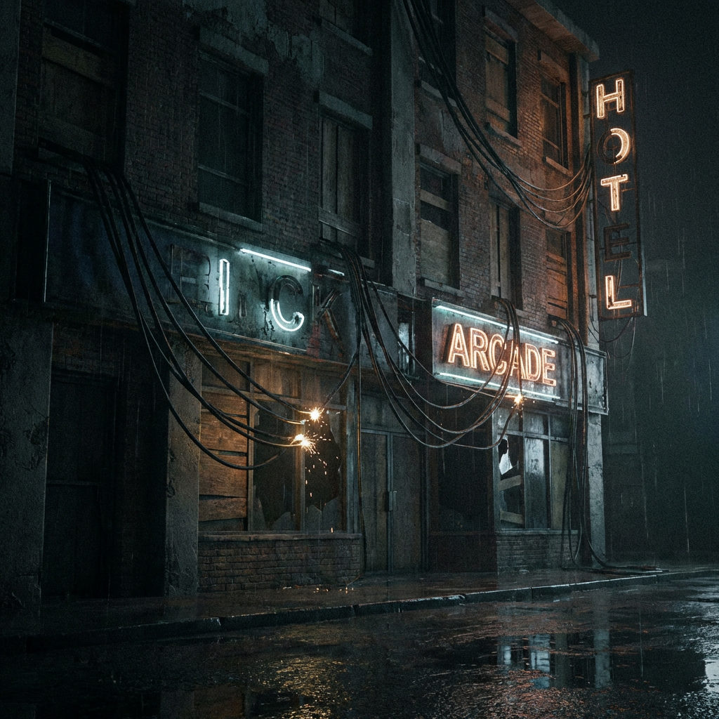Gritty rainy street at night featuring neon signs for HOTEL, ARCADE, and RICK.