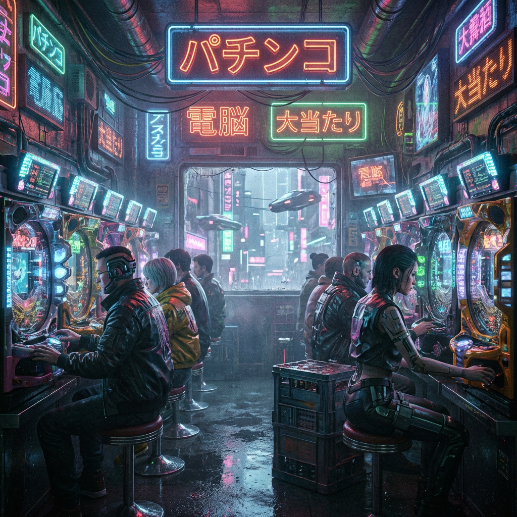 People playing games in a gritty, neon-lit cyberpunk arcade with Japanese signs overhead.