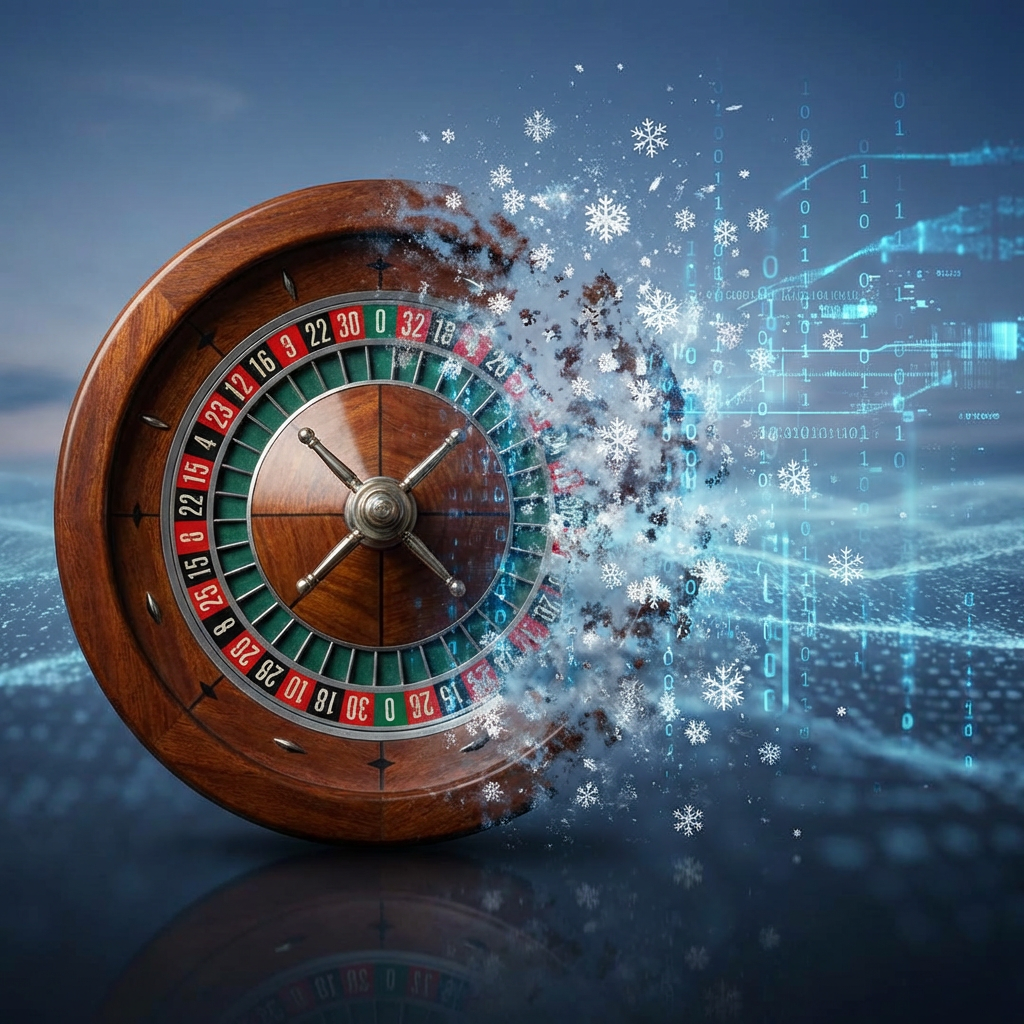 A wooden roulette wheel partially disintegrating into snowflakes and digital binary code.