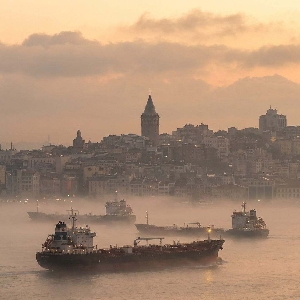 Cargo ships navigating the foggy Bosphorus with the Galata Tower in the background.
