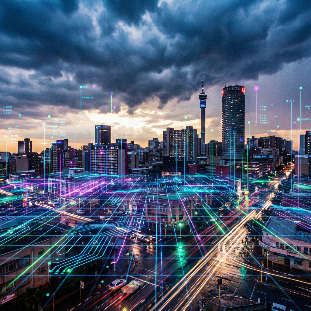 City skyline at dusk with glowing neon digital grid and circuit overlays representing data connectivity.