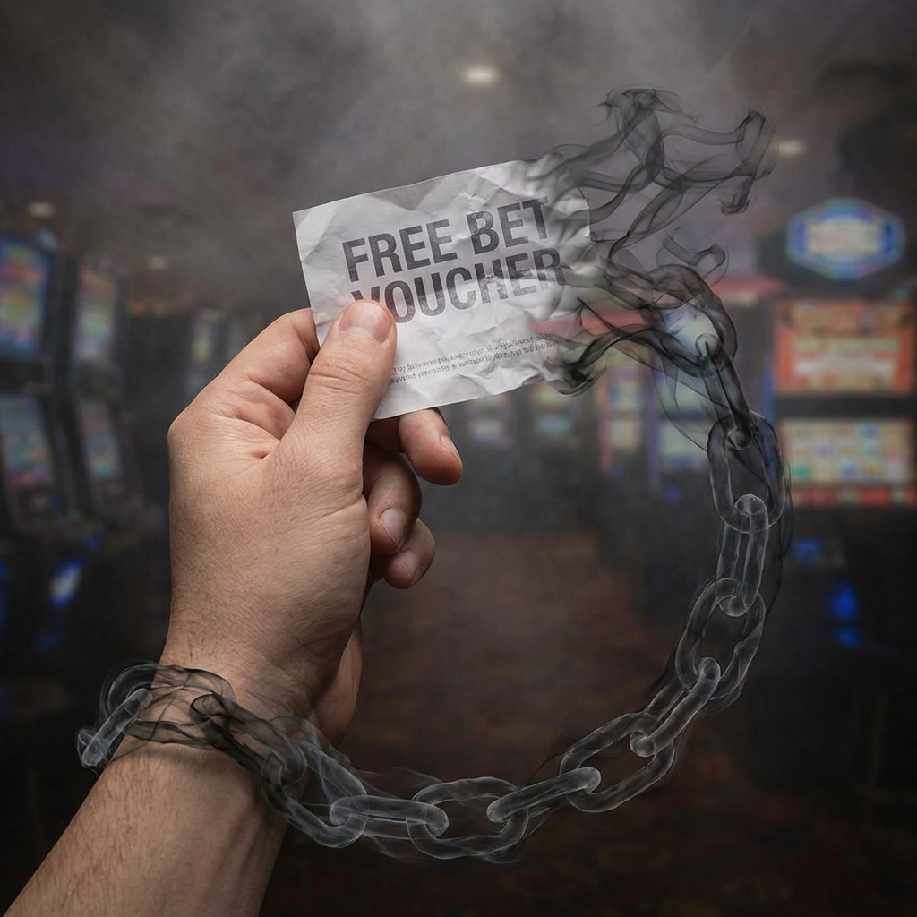 Hand holding a FREE BET VOUCHER that dissolves into smoke chains around the wrist.