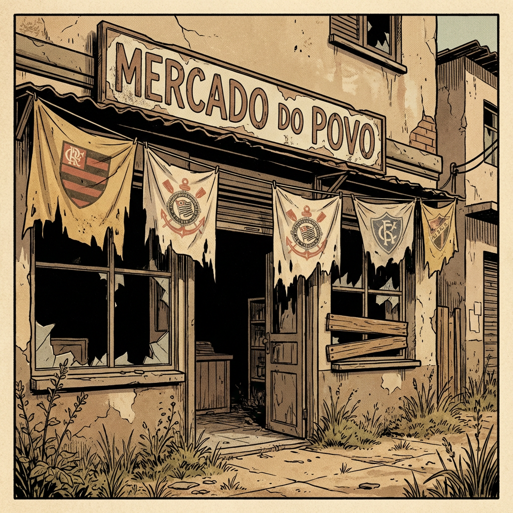 Illustration of a run-down store named MERCADO DO POVO with tattered Brazilian football club banners.