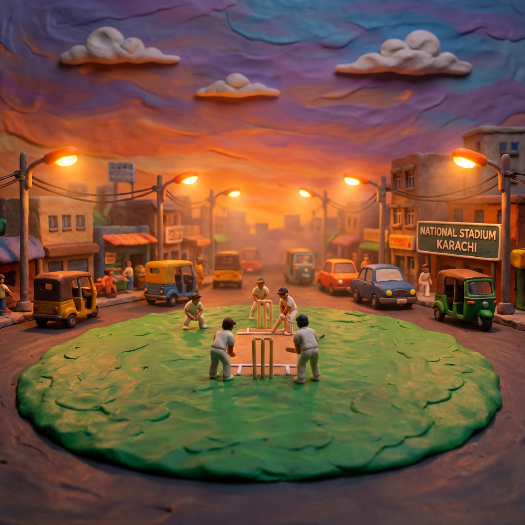 Claymation figures play street cricket in Karachi near a 'National Stadium Karachi' sign.