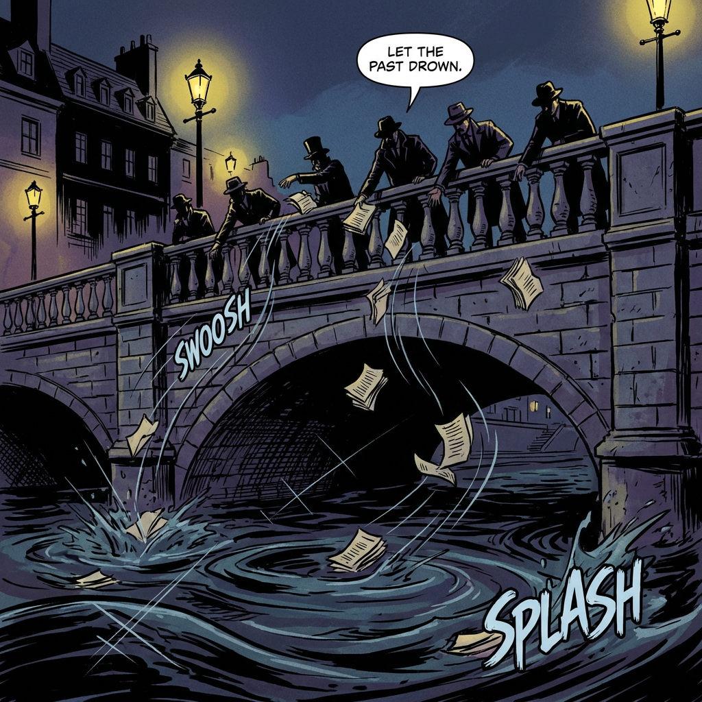 Men in fedoras and suits throwing papers off a bridge into a river with text LET THE PAST DROWN., SWOOSH, and SPLASH.