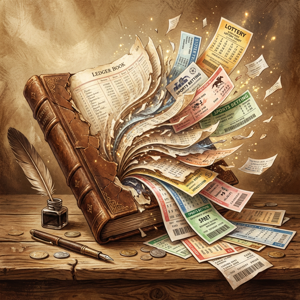 Vintage ledger book bursting with colorful lottery tickets and sports betting slips on a wooden desk.