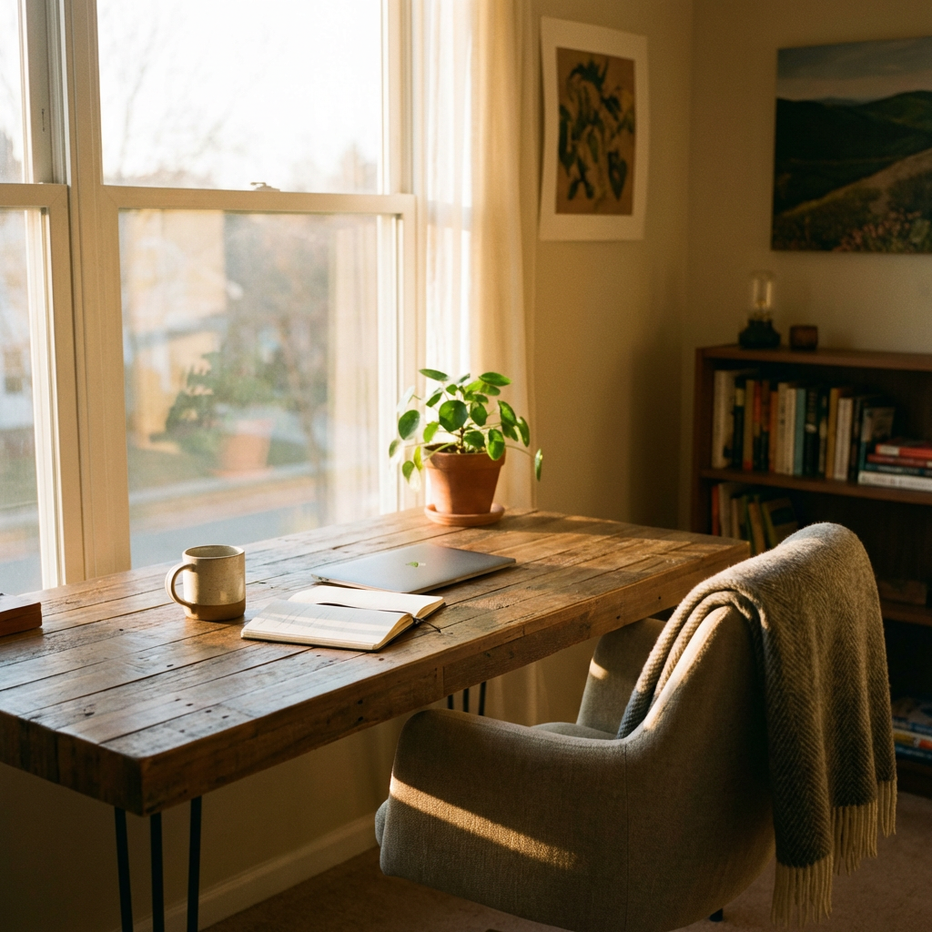 A wooden desk with a laptop, notebook, and coffee mug in a sunlit room.