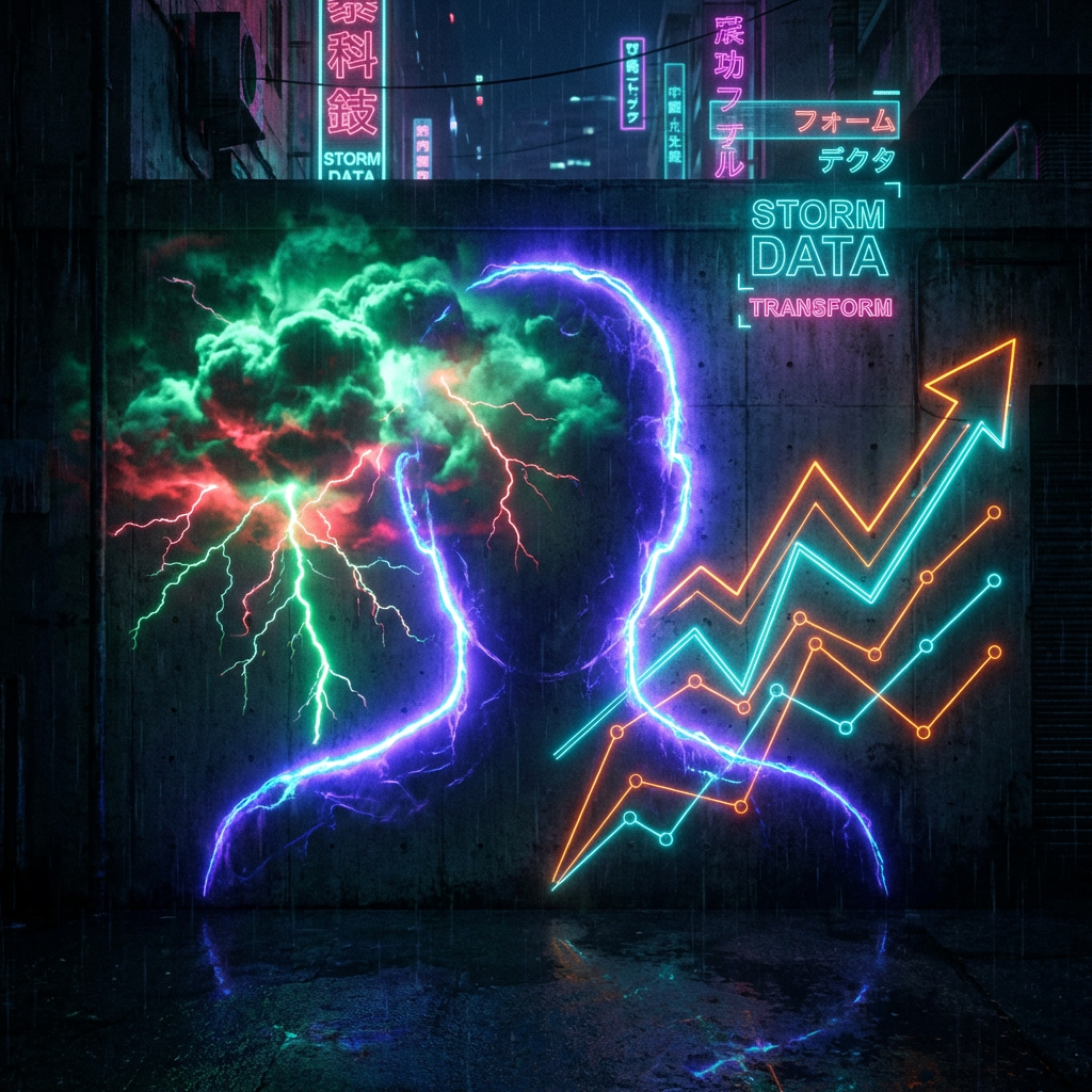 Neon human silhouette with internal storm clouds beside rising graphs and text "STORM DATA TRANSFORM".
