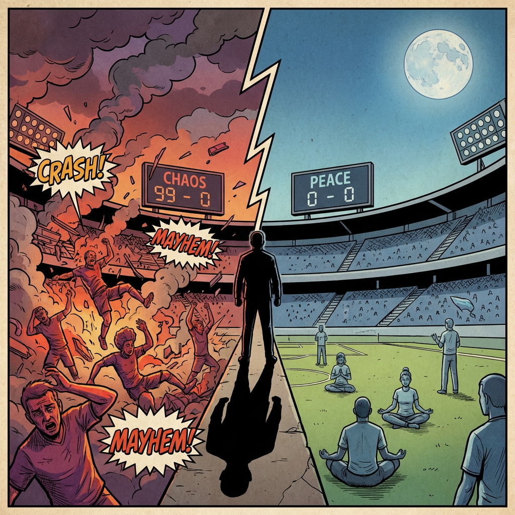 Split-screen illustration showing a man between a chaotic burning stadium and a peaceful moonlit field of meditators.