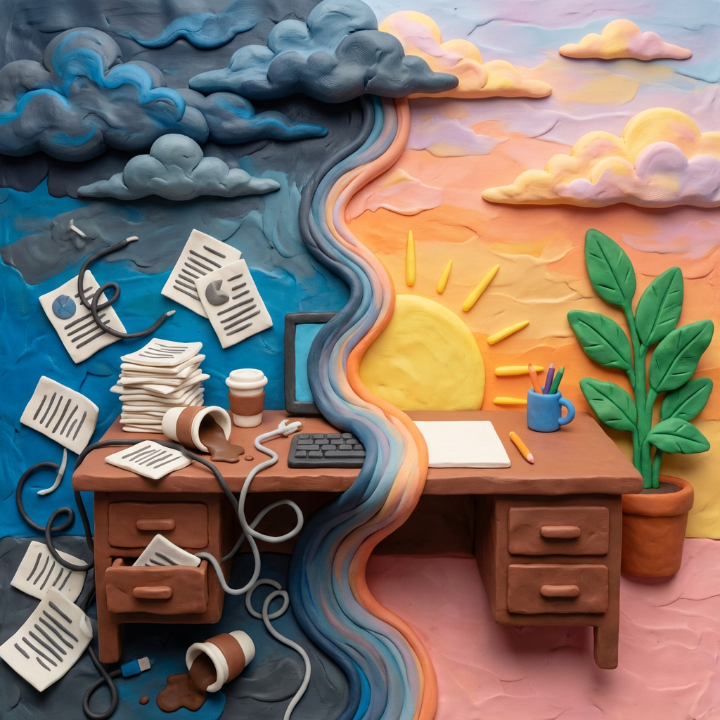 Split-screen clay sculpture of a messy, dark office desk versus a clean, sunny one.
