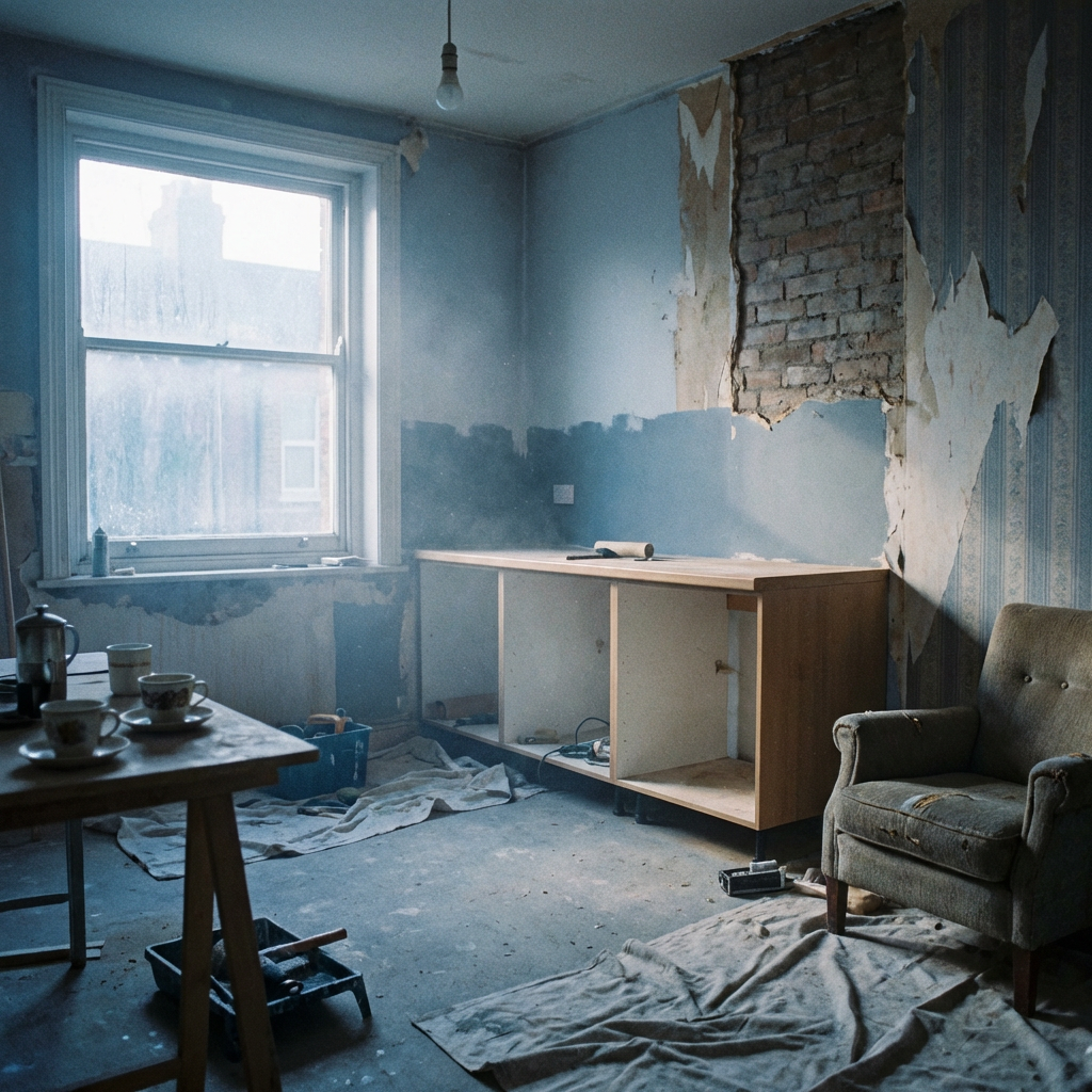 Room under renovation with peeling wallpaper, exposed brick, and unfinished wooden cabinetry.