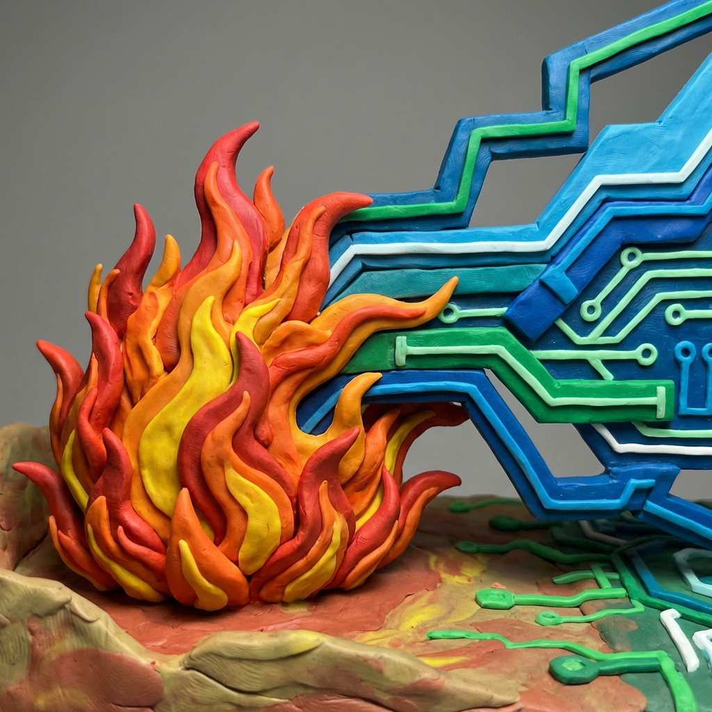 Colorful clay sculpture featuring a bright fire next to a blue and green circuit board.