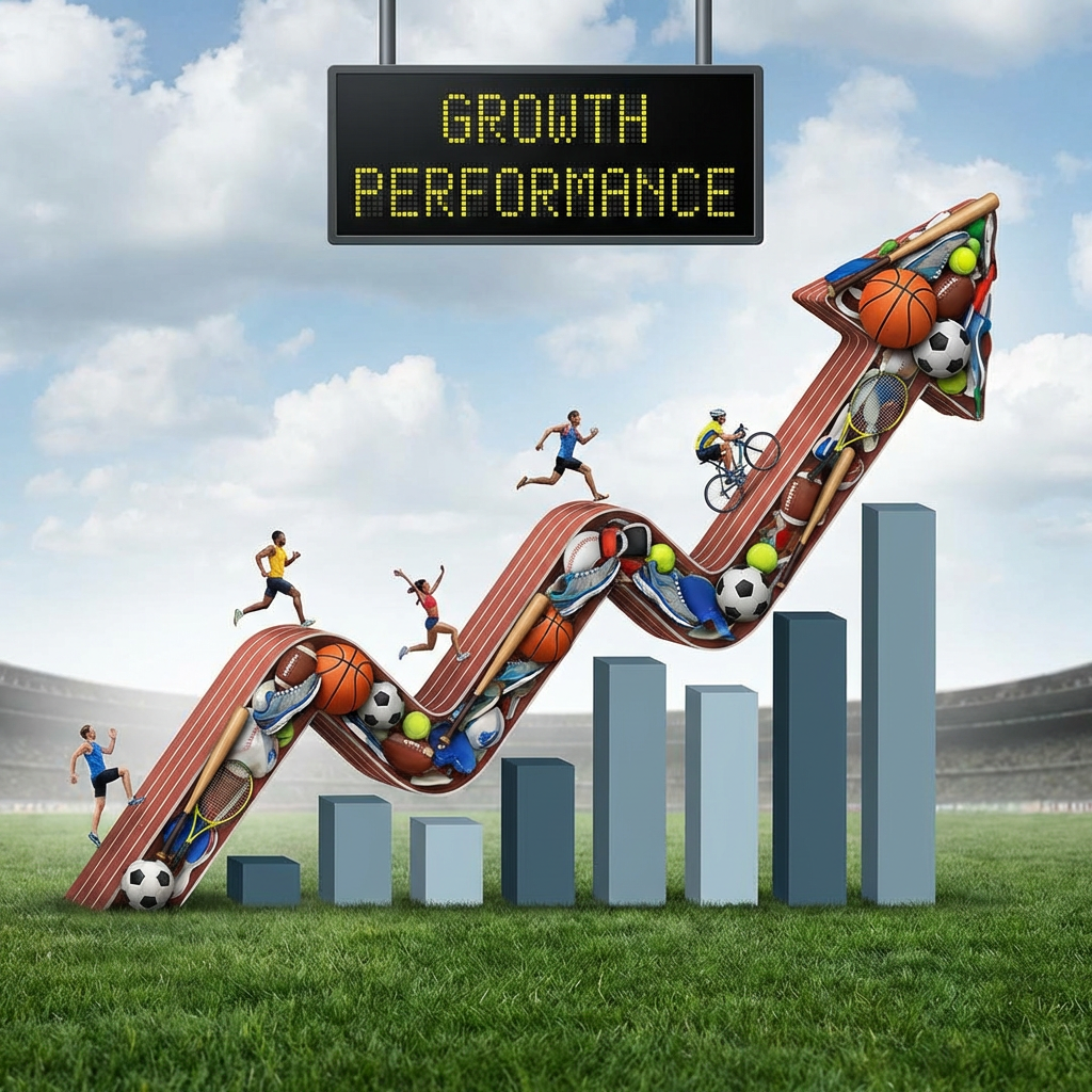 Bar chart and upward arrow track with sports equipment below a GROWTH PERFORMANCE sign.