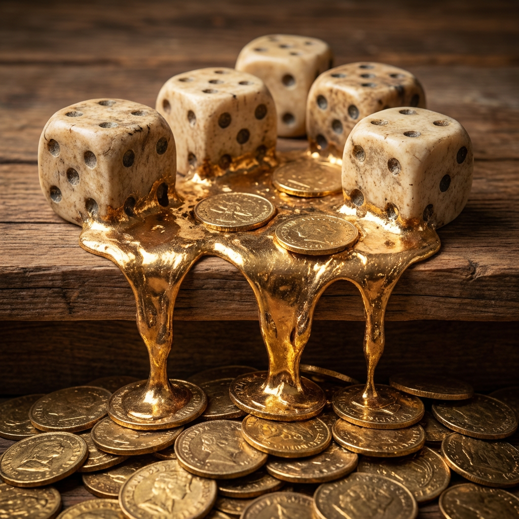 Weathered dice melting into liquid gold flowing onto a pile of gold coins.