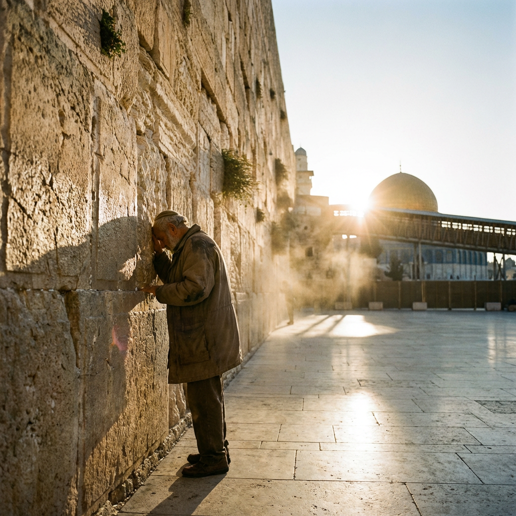 A man praying with his forehead against the Western Wall in Jerusalem during sunrise.
