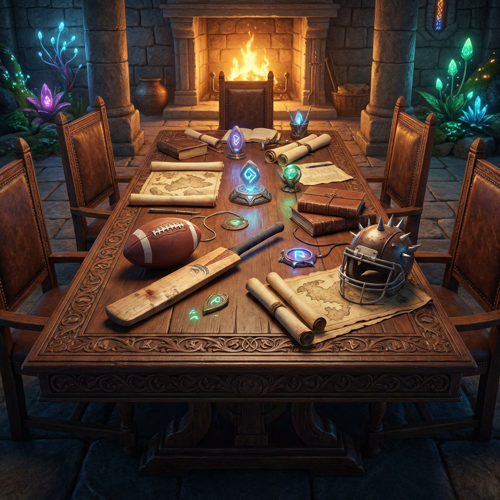 Ornate medieval table holding sports equipment, glowing runes, and maps in front of a fireplace.