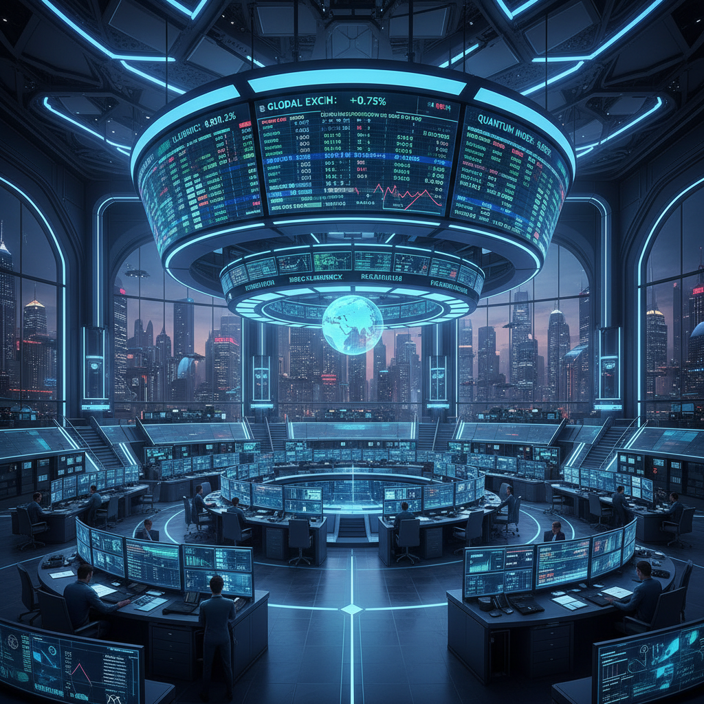 Futuristic control room with circular screens displaying global market data above traders at desks.