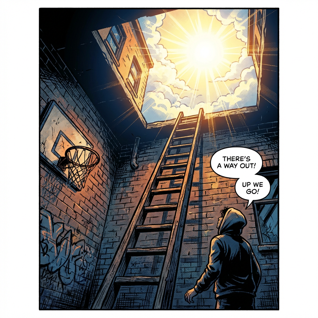Person in alley looking at ladder. Text: 'THERE'S A WAY OUT! UP WE GO!'