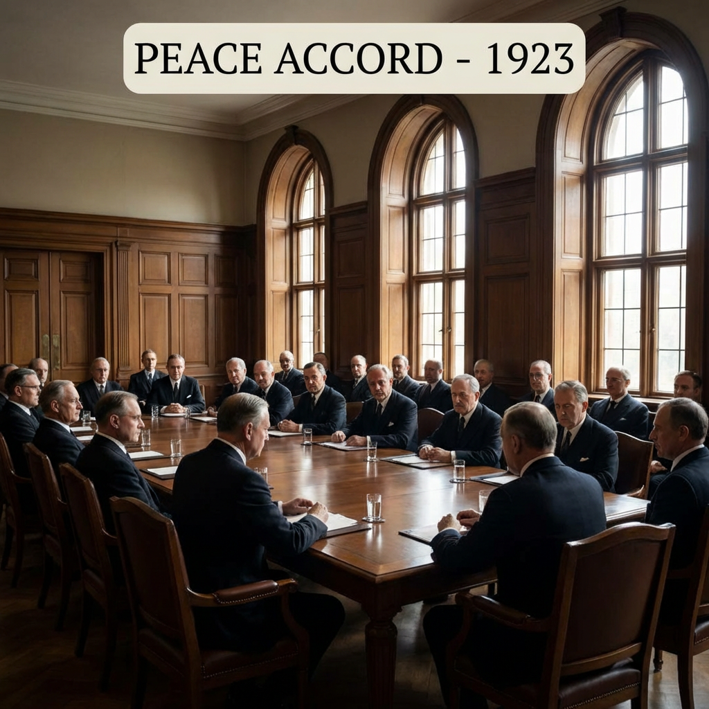 PEACE ACCORD - 1923. Dignitaries seated around a large wooden table in a formal boardroom.