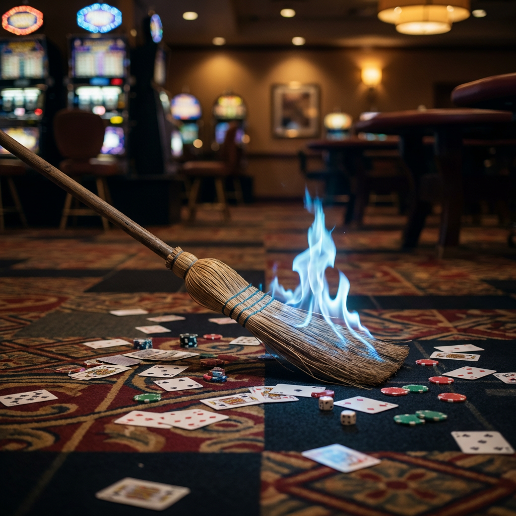 A straw broom with blue flames sweeps playing cards and chips on a casino floor.