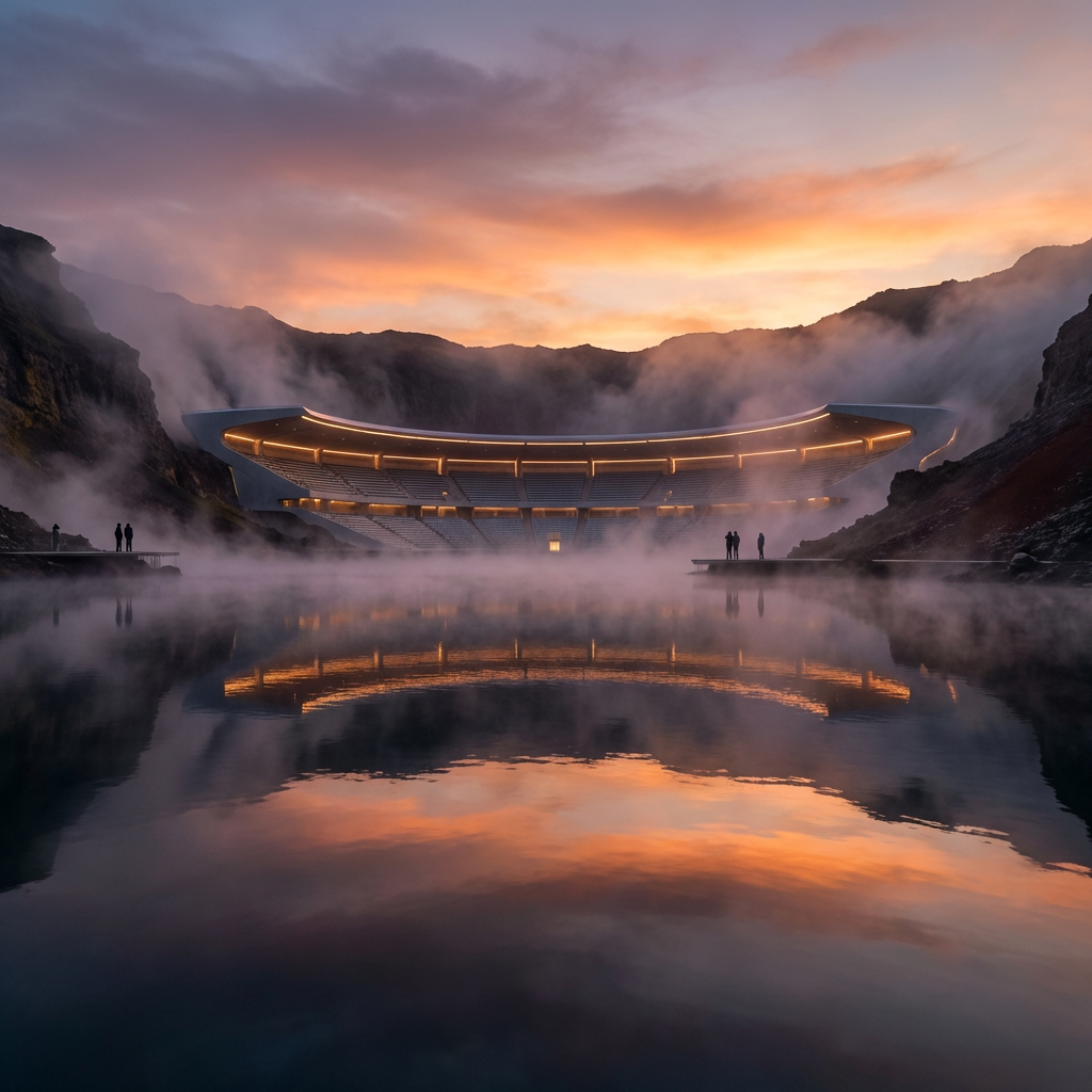 Modern curved structure in a misty mountain landscape reflecting on a lake at sunset.