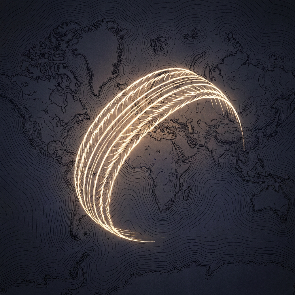 Glowing feather-shaped light arc overlaying a dark blue topographic world map.