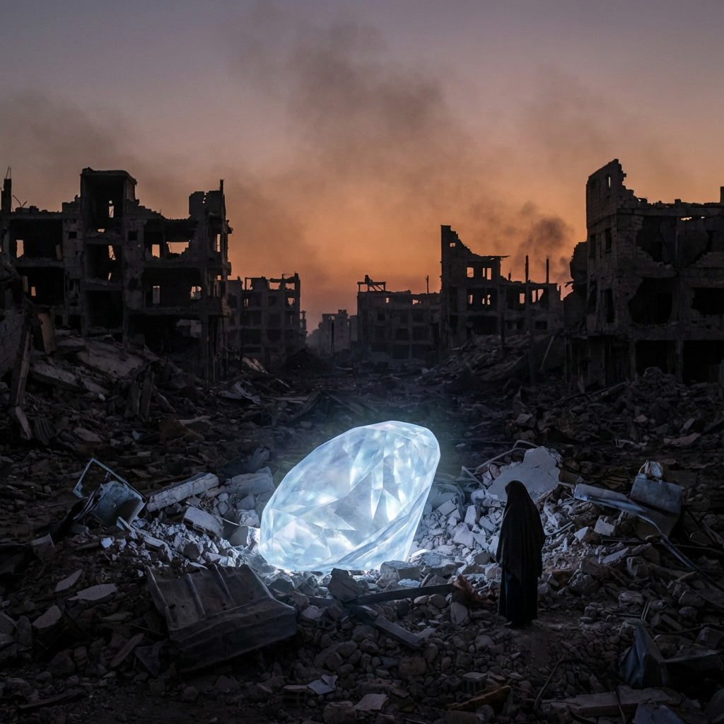 A large glowing diamond sits in a field of urban rubble under a smoky sunset.
