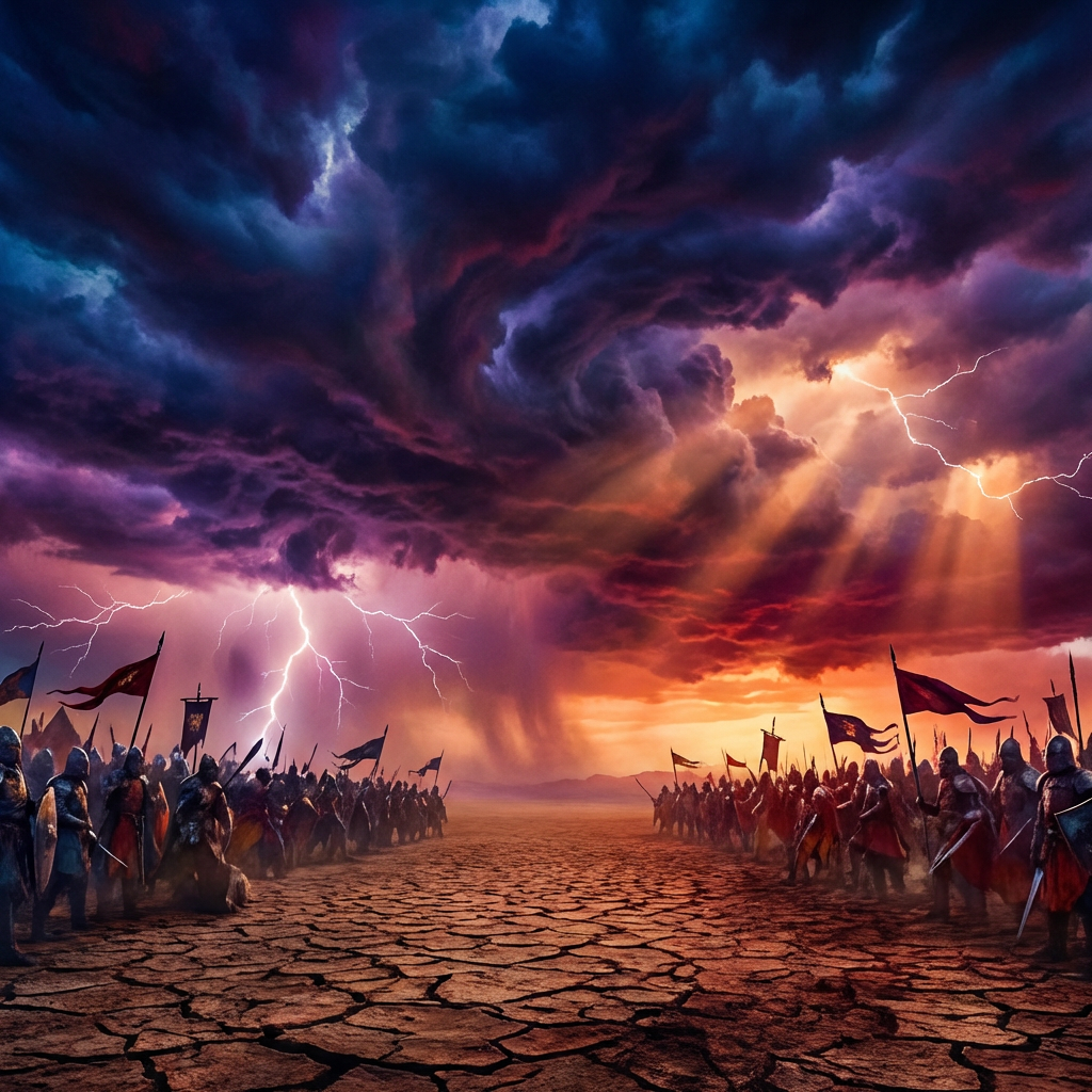 Two medieval armies face off on cracked desert earth under a dramatic, lightning-filled sky.