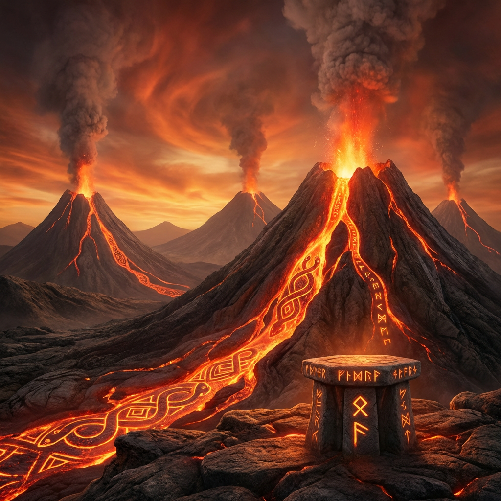 Erupting volcanoes with runic lava flows and a glowing stone altar under a fiery sky.