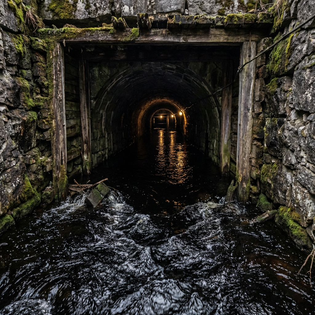 Dark stone tunnel with mossy walls and water flowing towards the viewer from the entrance.