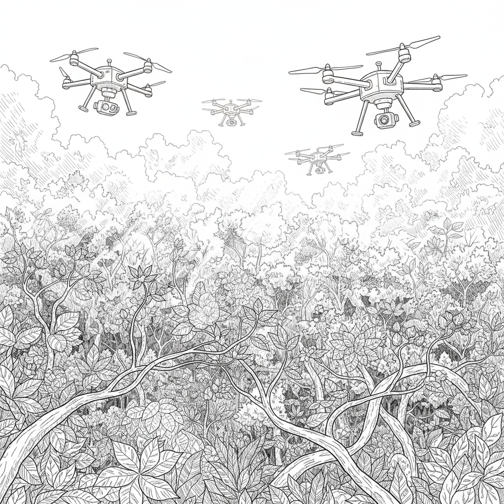 Four camera drones flying over a dense forest canopy in a detailed line drawing.