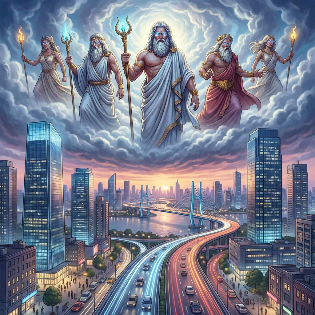 Ancient gods with glowing eyes look down from clouds over a modern cityscape at sunset.