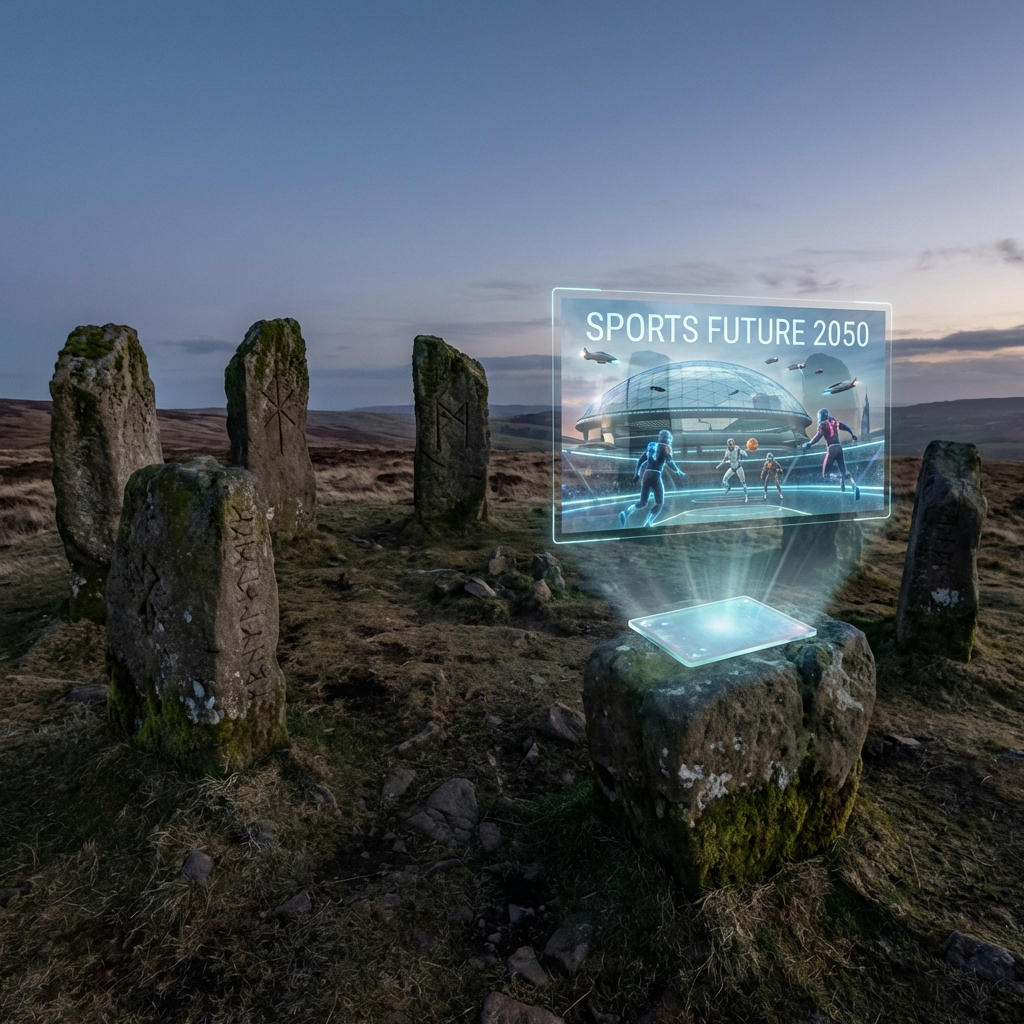 Ancient standing stones projecting a hologram titled SPORTS FUTURE 2050 at twilight.
