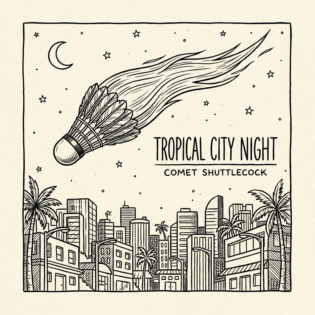 Line art of a flaming shuttlecock over a city. Text: TROPICAL CITY NIGHT, COMET SHUTTLECOCK.