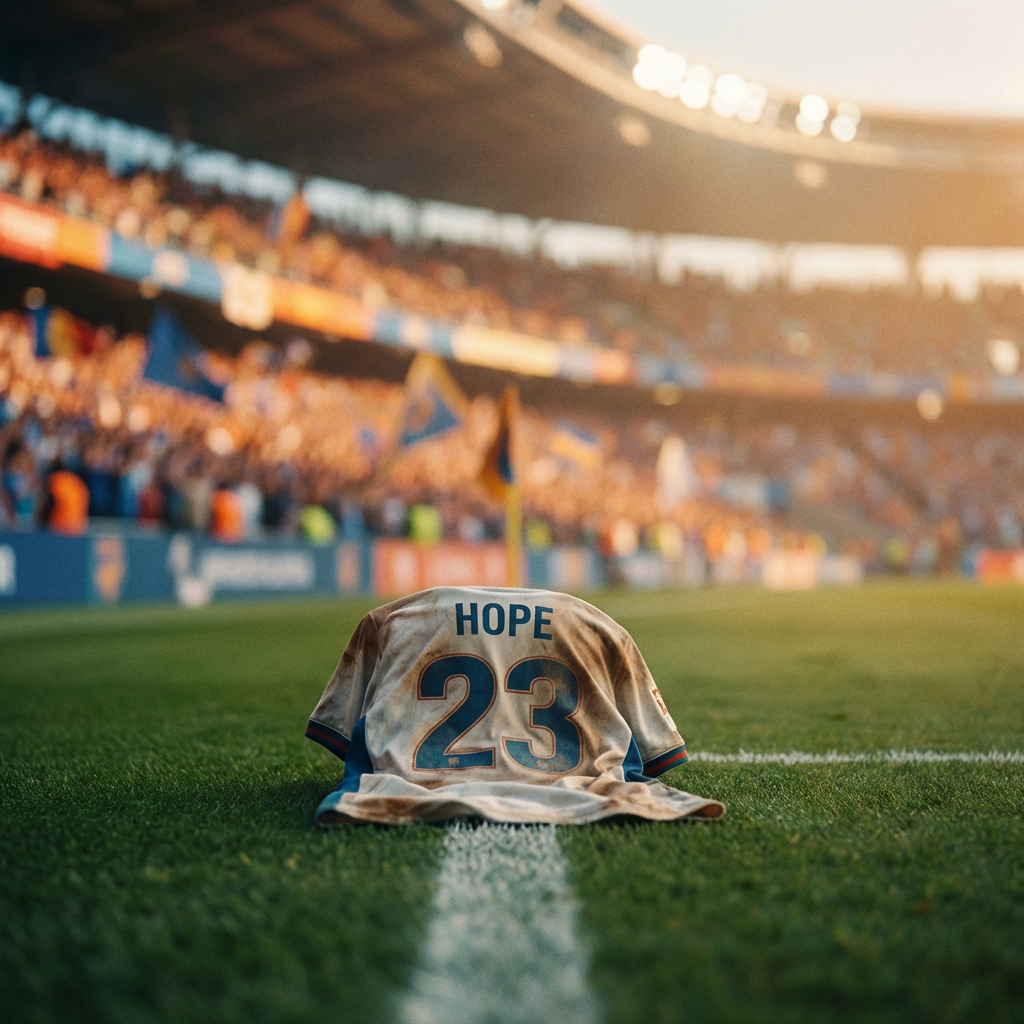 Mud-stained soccer jersey with "HOPE 23" on the back, lying on a grass pitch.