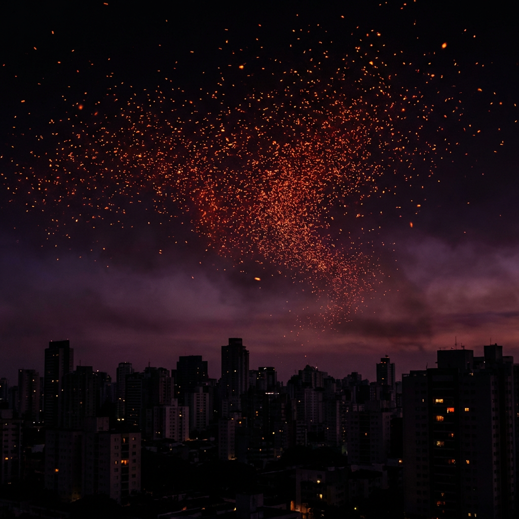 Glowing orange embers floating in a dark purple sky above a silhouetted city skyline.