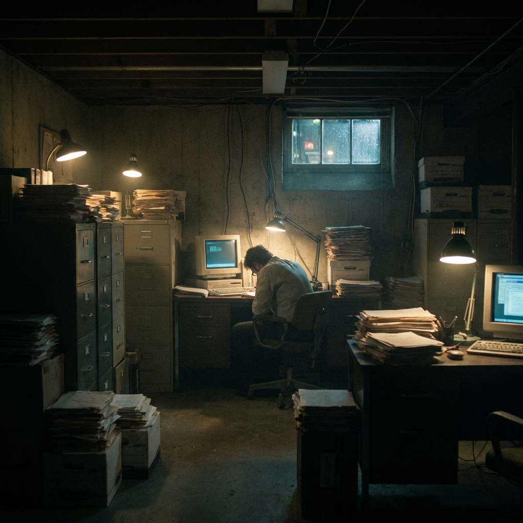 A man working at a desk surrounded by tall stacks of paper in a dimly lit basement.