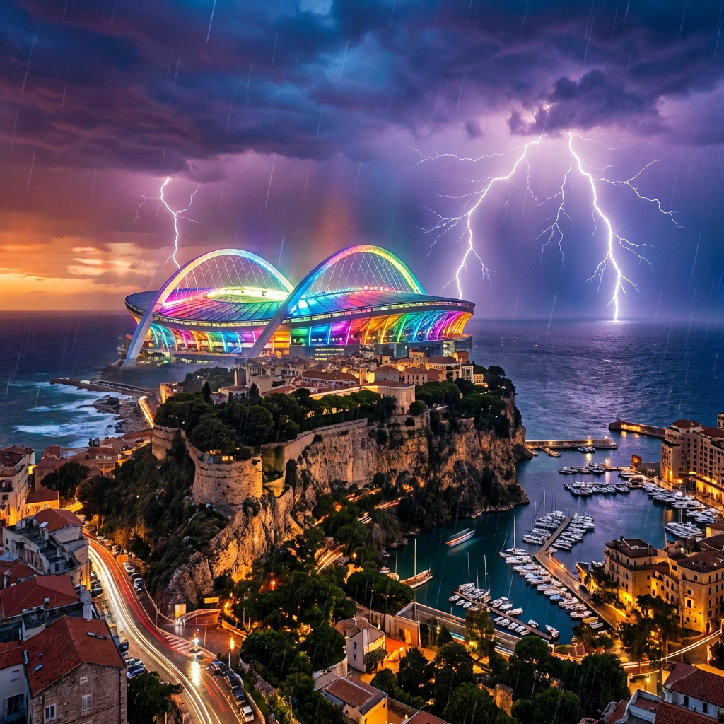 Vibrant rainbow-colored stadium on a cliffside during a dramatic lightning storm over a harbor.