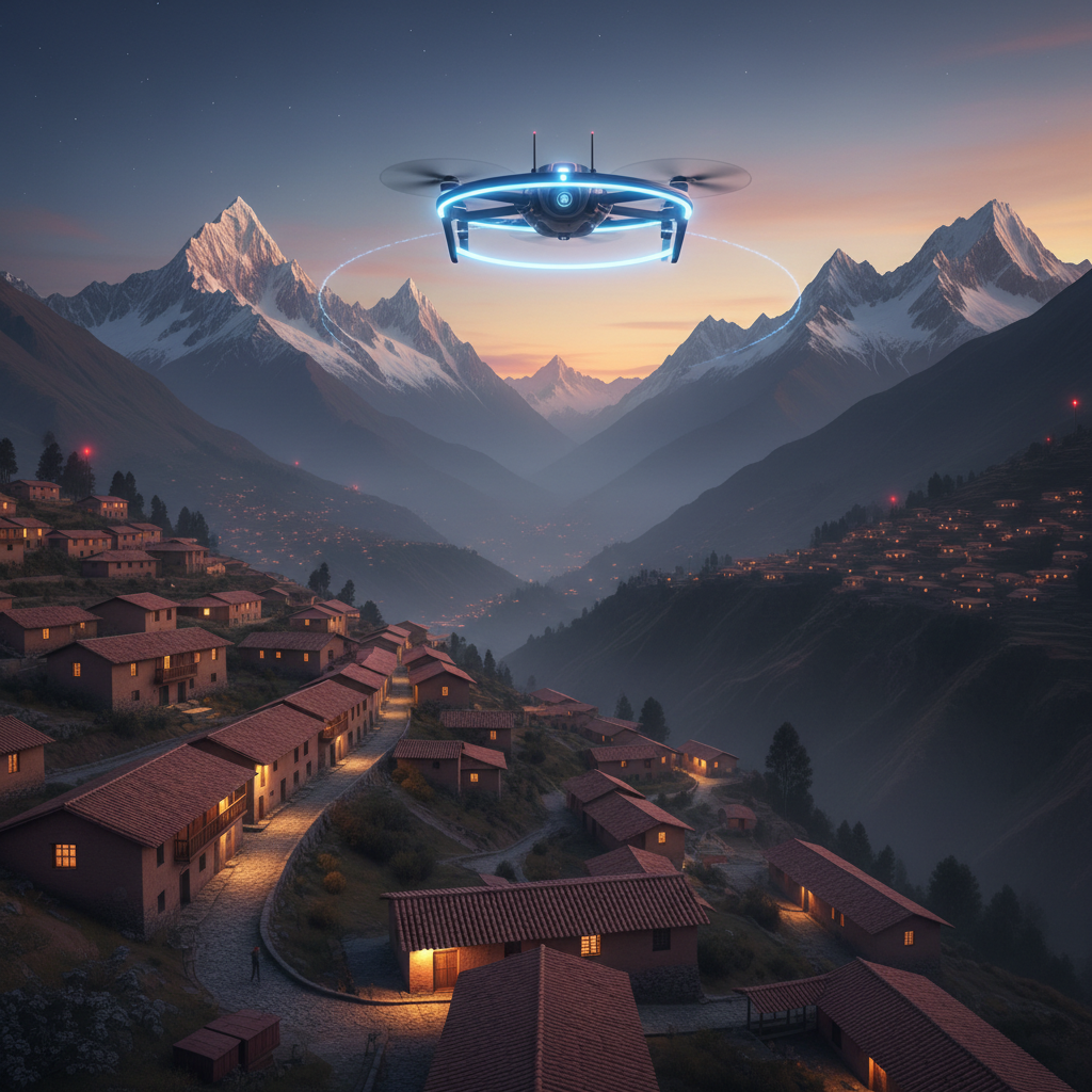 Futuristic drone hovering above a mountain village during twilight with snow-capped peaks in the background.