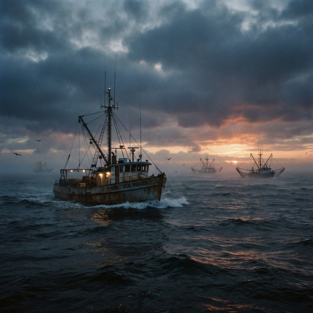 Fishing trawler SEA ROVER navigating choppy ocean waves under a dramatic sunset sky.