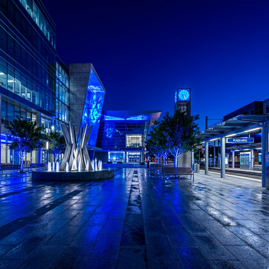 Nighttime urban plaza with blue lights, fountain, clock tower, trees, benches, and tram stop