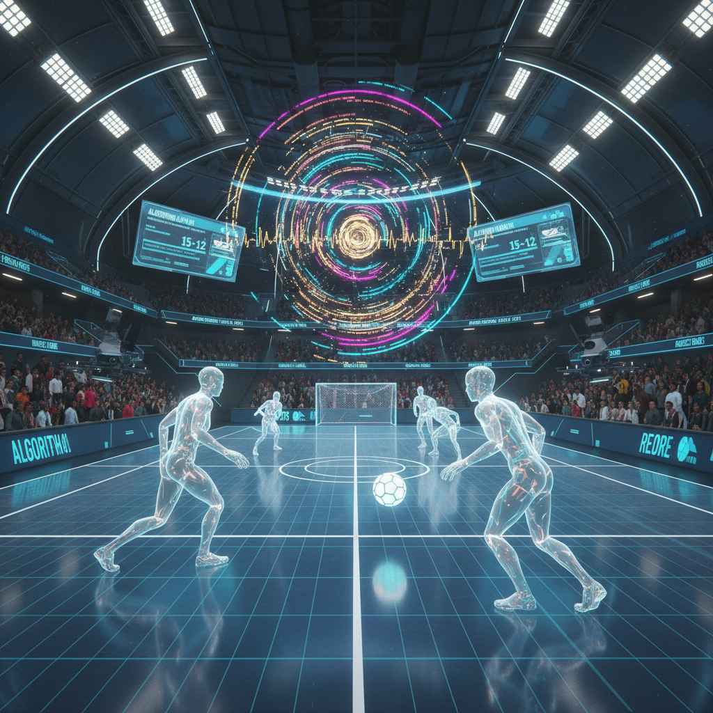Holographic soccer players on digital futsal court with glowing data interfaces