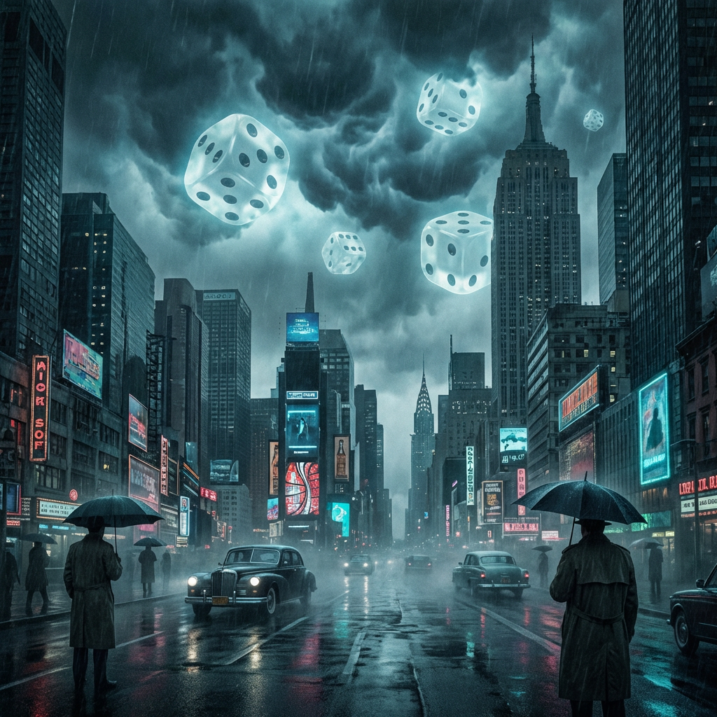 Rainy city street at night with floating translucent dice above and people holding umbrellas